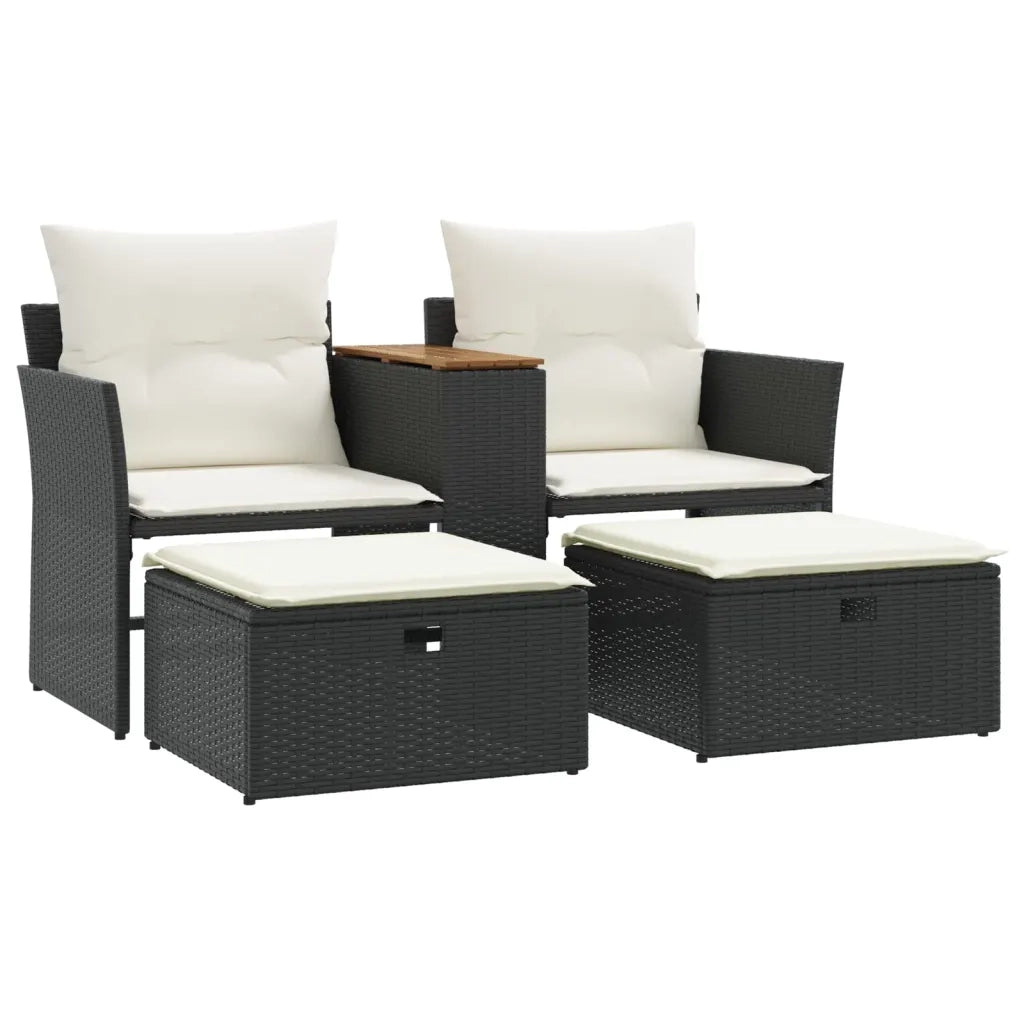Divano da Giardino 2 Posti con Sgabelli Nero in Polyrattan 365803