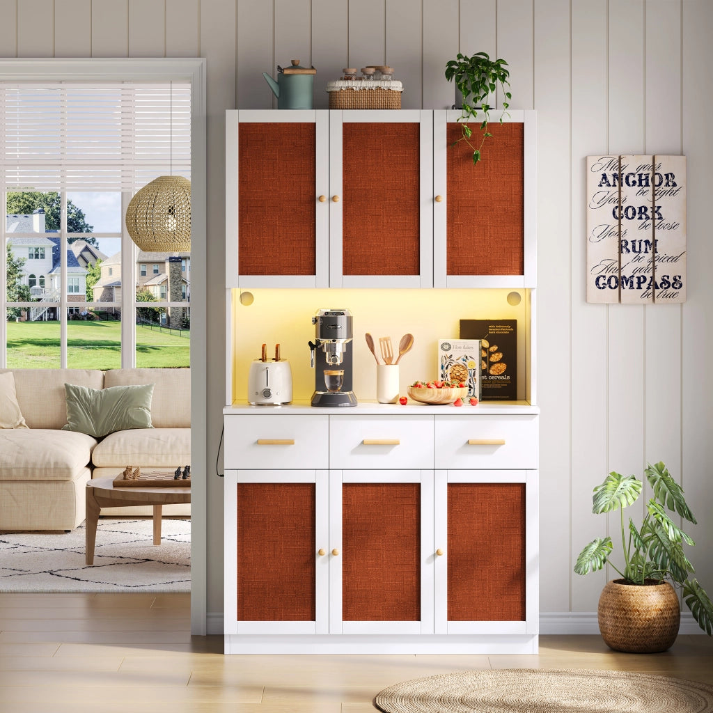 Credenza da cucina con LED e presa elettrica in MDF bianco con ante in tessuto e ripiani regolabili 105 × 43 × 182 cm