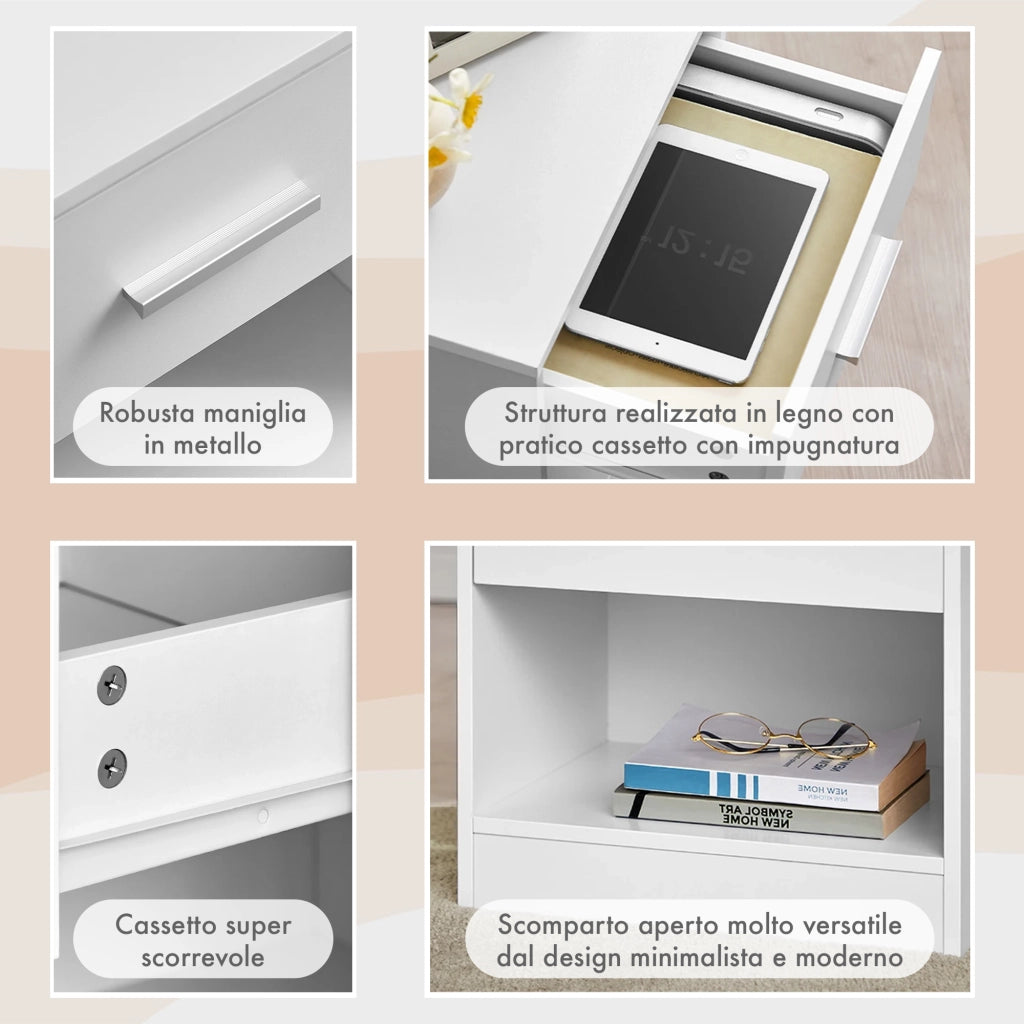 Comodino Moderno Cassetto Con Maniglia E Scomparto Aperto Camera Da Letto Portalibri Oggetti Mensola Libreria  - Bianco