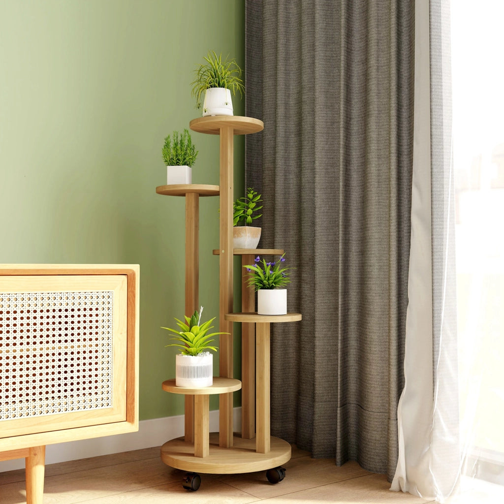Tavolo per piante in bamb¨´ con ruote 5 livelli ¨C zephmum ¨C 33x33x90 cm
