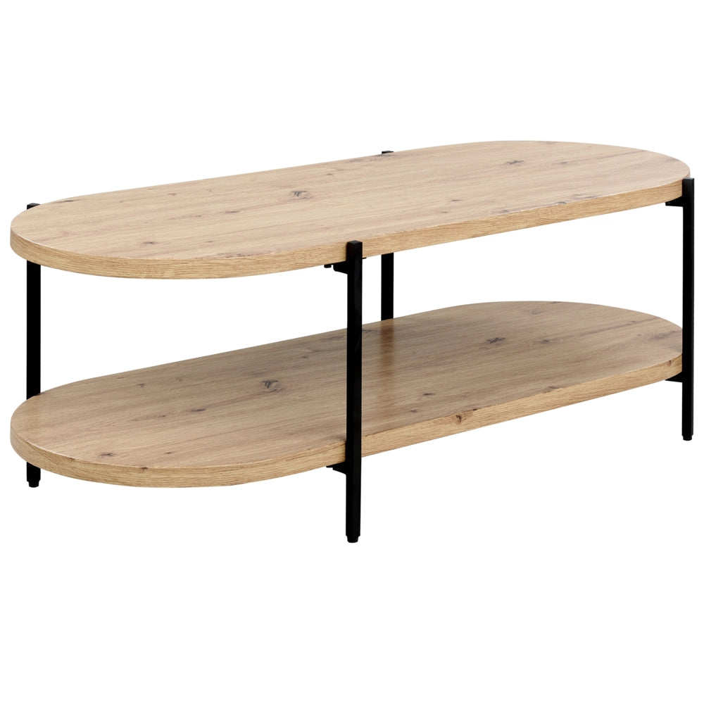 Tavolino con piano in MDF con gambe in metallo e forma ovale 120 x 50 cm in legno chiaro dal design classico