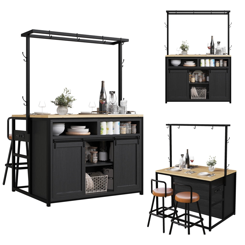 Set tavolo e sedie con isola cucina e 2 sgabelli, prese USB, MDF e metallo nero