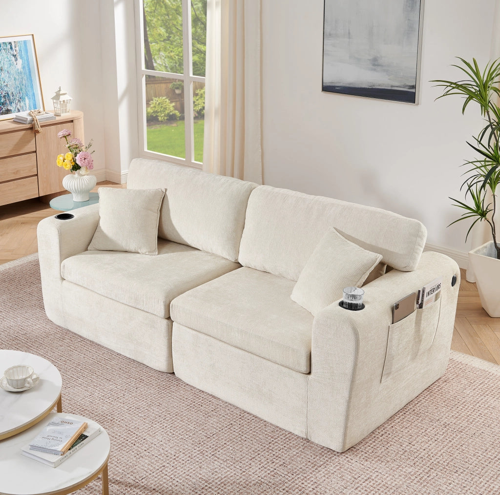 Divano 2 posti relax in chenille con USB; tasche laterali e portabicchieri; beige