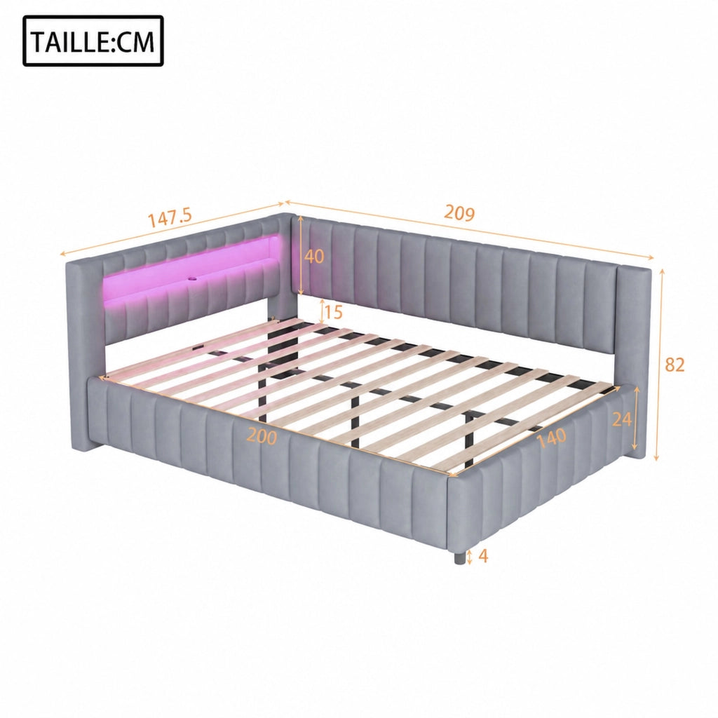 DESMIU Divano letto 140 × 200 cm 2 posti con LED e porta USB, senza materasso, in velluto, grigio