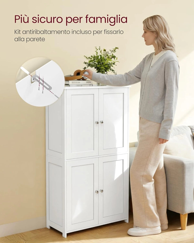 VASAGLE Mobiletto da Bagno, Armadietto con 2 Ripiani Regolabili, Portaoggetti con 4 Ante, Unità Alta Autoportante, per Cucina, Bianco Nuvola BBC553WH01