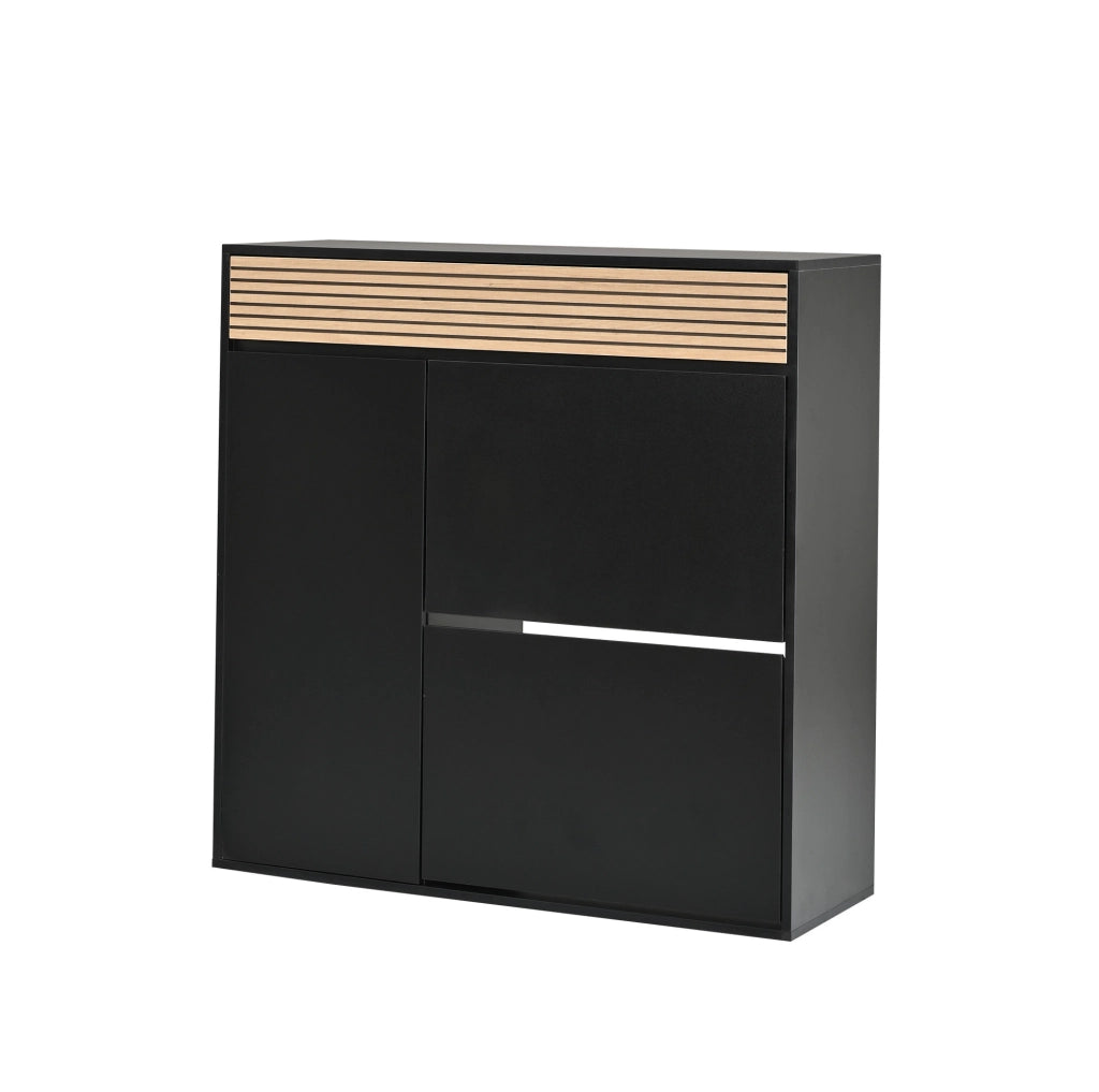 Scarpiere slim con cassetto; 2 ante a ribalta e vano laterale; 100x35x105 cm; nero e legno