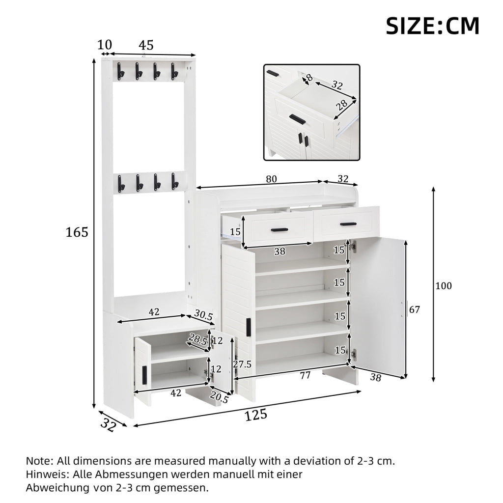 Mobile guardaroba da ingresso con 2 ante; 2 cassetti; 6 ripiani e 8 ganci; MDF; bianco; 125 x 36 x 165 cm