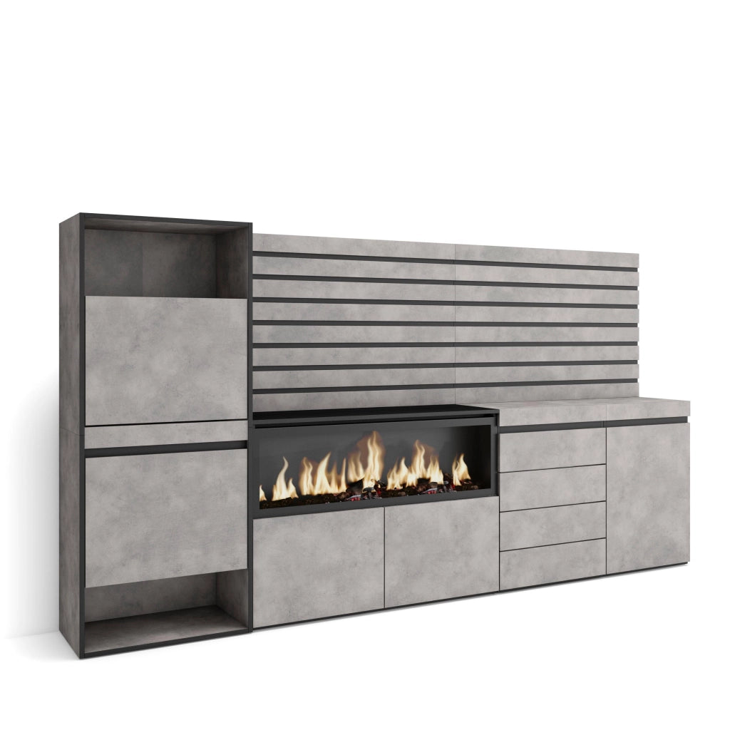 Scarpiera, 274x35x145cm, Camera da letto, Camino elettrico XXL, Cassettiera, Pannelli Decorativi, grigio cemento RF3561