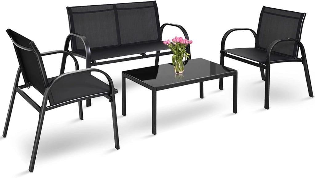 Set da Giardino con 4 Pezzi, Set da Giardino per Chiacchierare, Sedie da Giardino con Tavolino in Vetro, con Struttura Resistente in Ferro, Tessuto a Rete Traspirante (Nero)