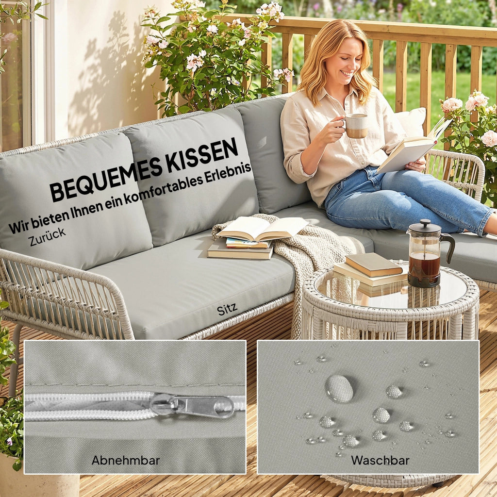 Set salotto da giardino 3 pezzi ¨C zephmum ¨C polyrattan grigio con cuscini e tavolino vetro