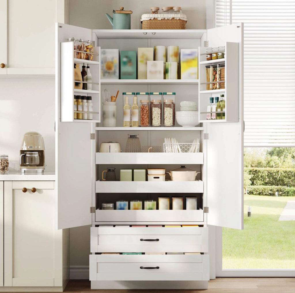 Credenza alta 180x80x37.5 cm con 3 ripiani estraibili e 2 cassetti in MDF bianco
