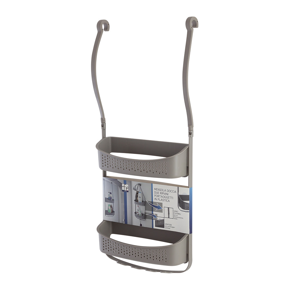 Mensola doccia in pvc 2 ripiani con ganci porta oggetti tortora