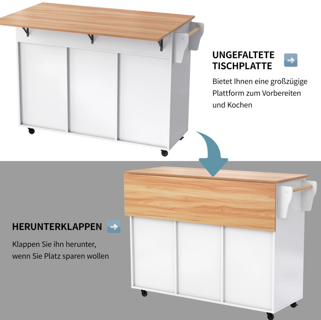 Carrello da cucina con piano pieghevole e ruote, bianco