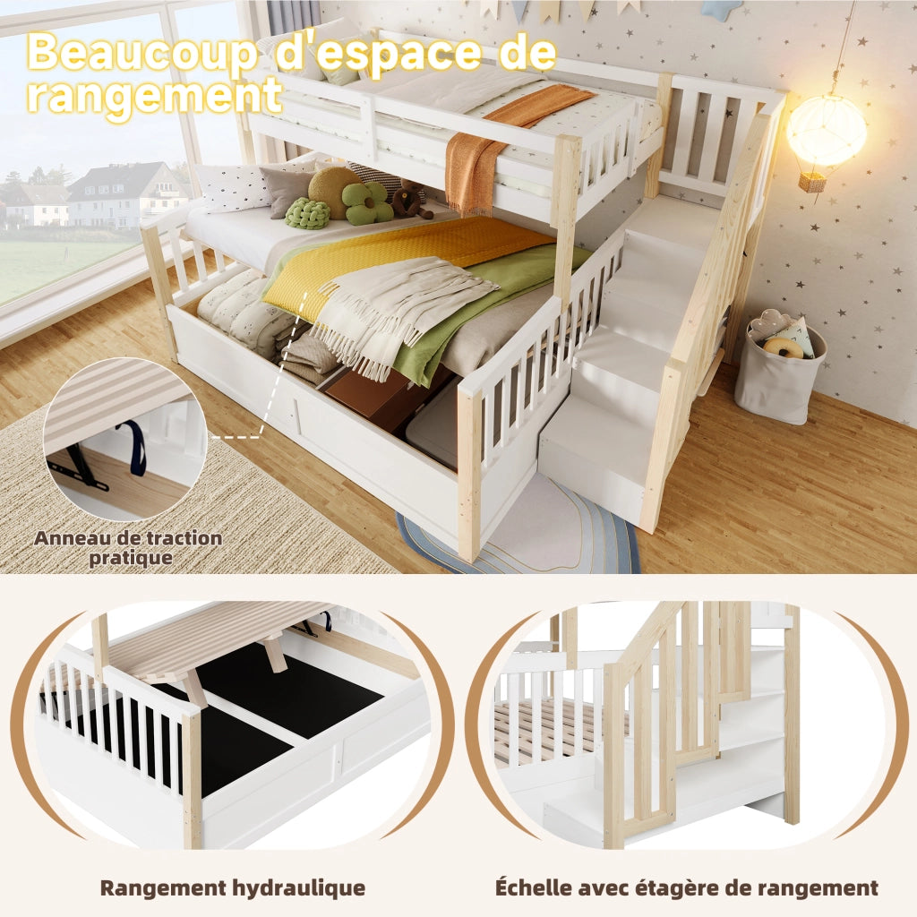 Letto a Castello 90 x 200 cm e 140 x 200 cm; 2 Posti; Contenitore; Scala; Bianco e Naturale
