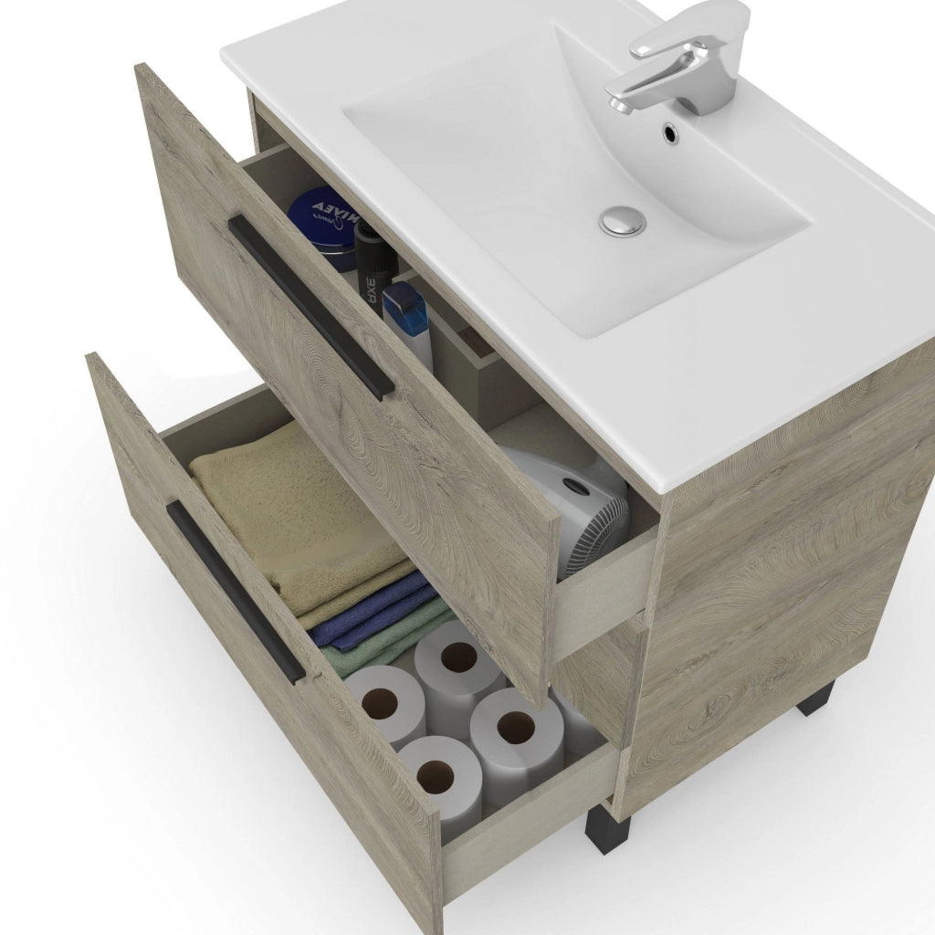 Mobile sottolavabo Elleboro, Mobiletto per bagno, Armadio a 3 cassetti e specchio, lavabo non incluso, 80x45h86 cm, Quercia