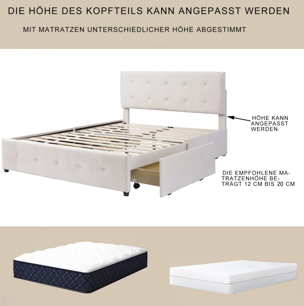 Letto imbottito con testiera; 4 cassetti e rete a doghe; beige