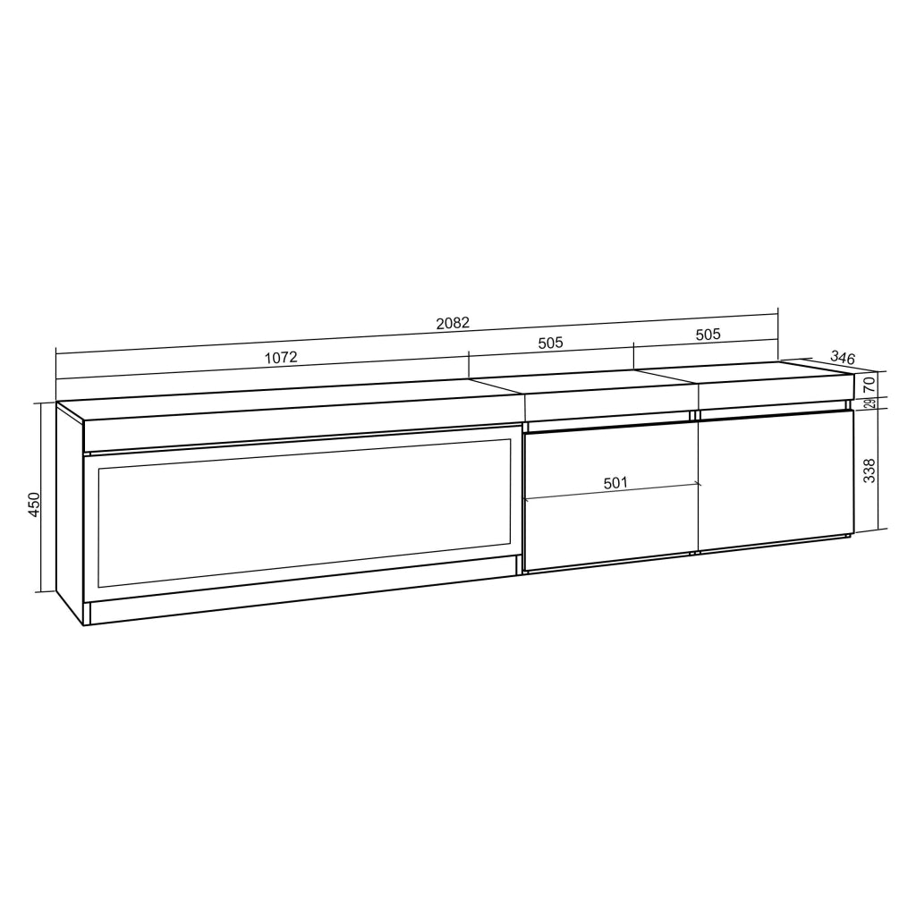 Mobile TV, Soggiorno, 208x35x45cm, Per TV fino a 80", Camino elettrico XXL, da appendere, grigio cemento RF3206