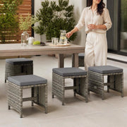 Garden Stools, Set Of 4, With Seat Cushions, Poly Rattan, Grey