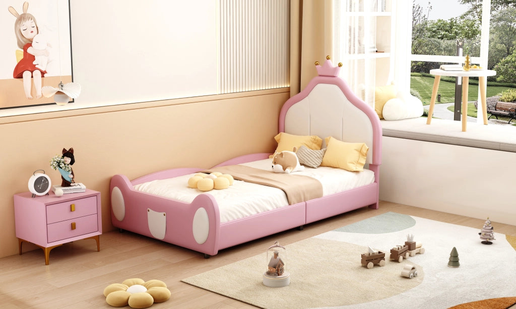 Letto imbottito per bambini 90x200 cm in similpelle rosa e bianco con testiera decorata a coronamento