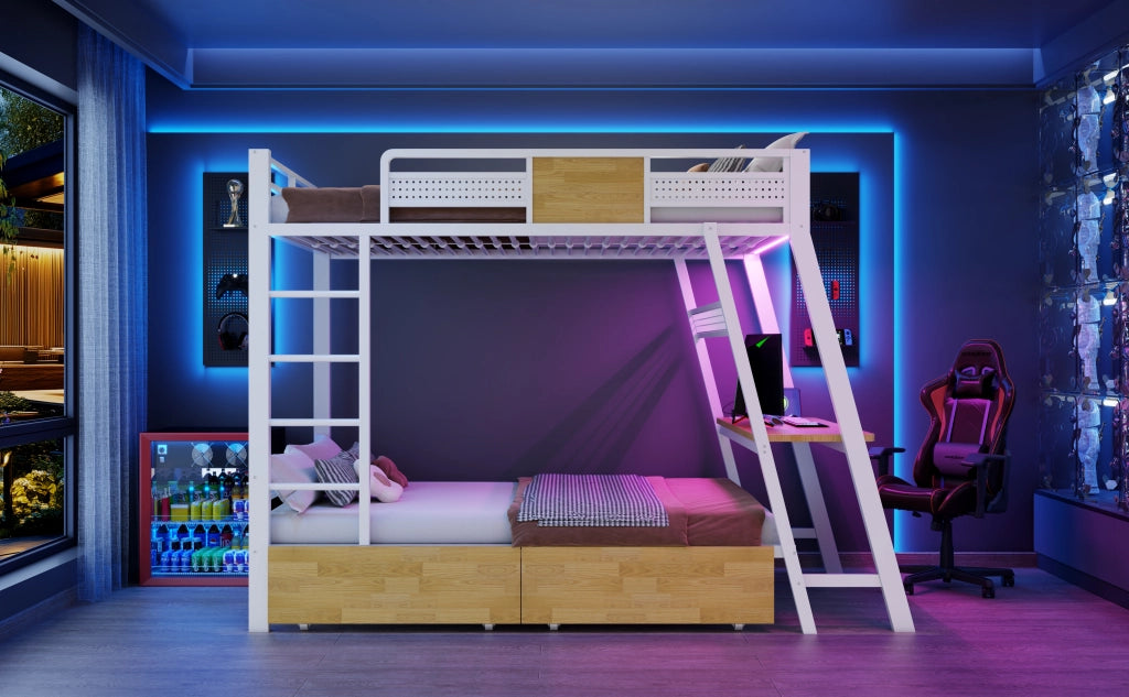 Letto a soppalco 90 × 200 cm con scrivania, prese USB e Type-C, LED e contenitori, senza materasso, metallo bianco