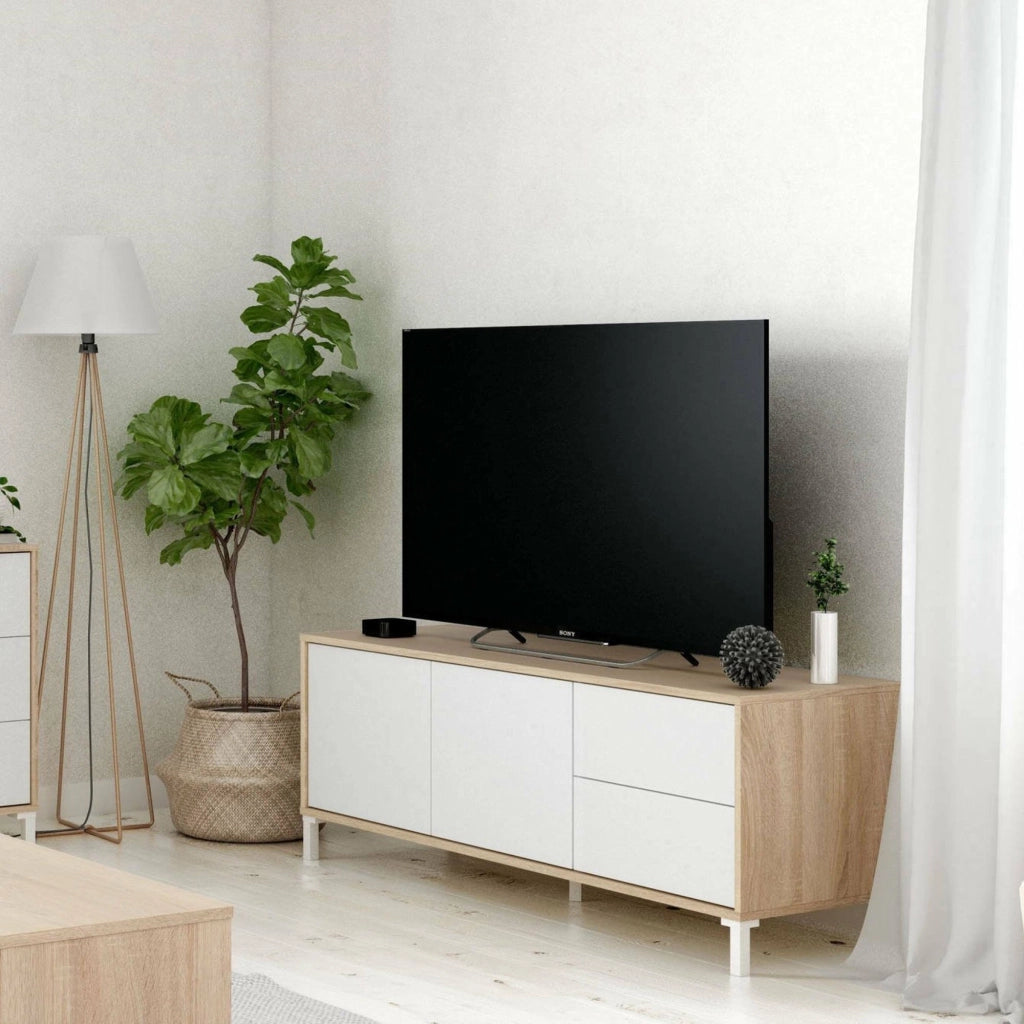 Mobile porta TV Alva, Credenza per televisione a 2 ante, Supporto TV da soggiorno, Mobile porta TV, Madia per salotto, cm 151x41h80, Rovere e Bianco