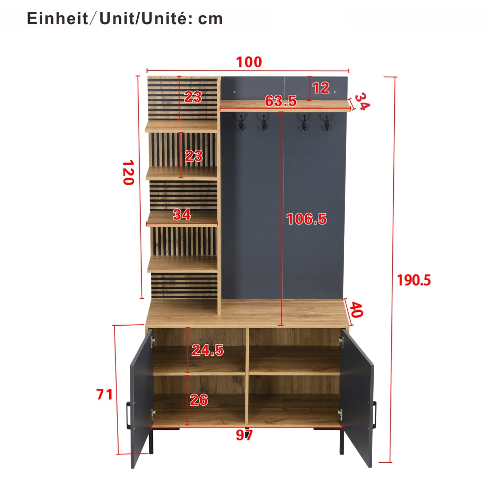 Mobile Ingresso con 4 Ripiani Laterali e Ganci; Ripiano Inferiore Regolabile; Stile Moderno; in Pannello; Naturale; 100??40??190;5 cm