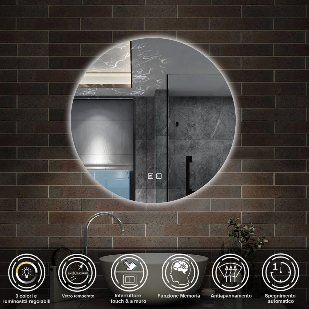 specchio rotondo 100 cm con luce led a 3 colori, antiappannamento e touch
