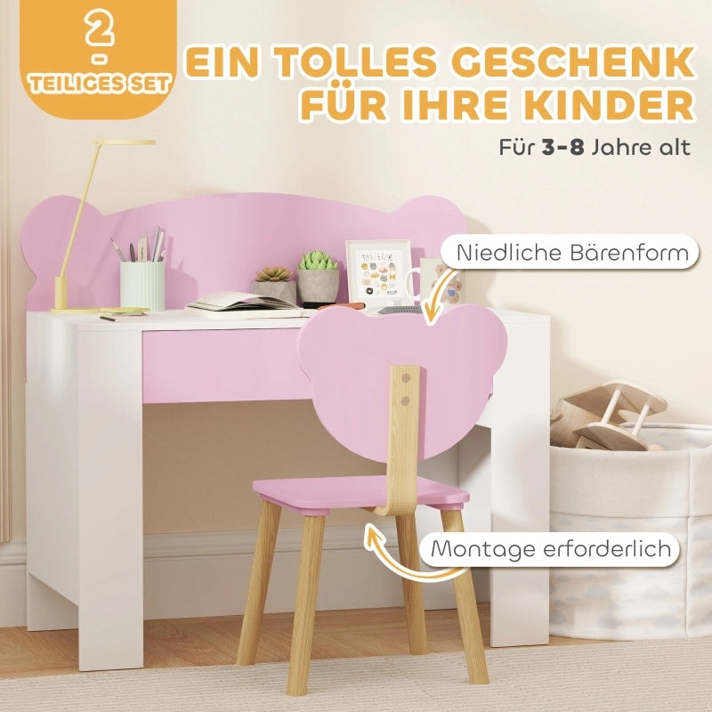 Set scrivania per bambini con piano e cassetto, scrivania e sedia per bambini a forma di orso, scrivania per studenti, scrivania per bambini,
