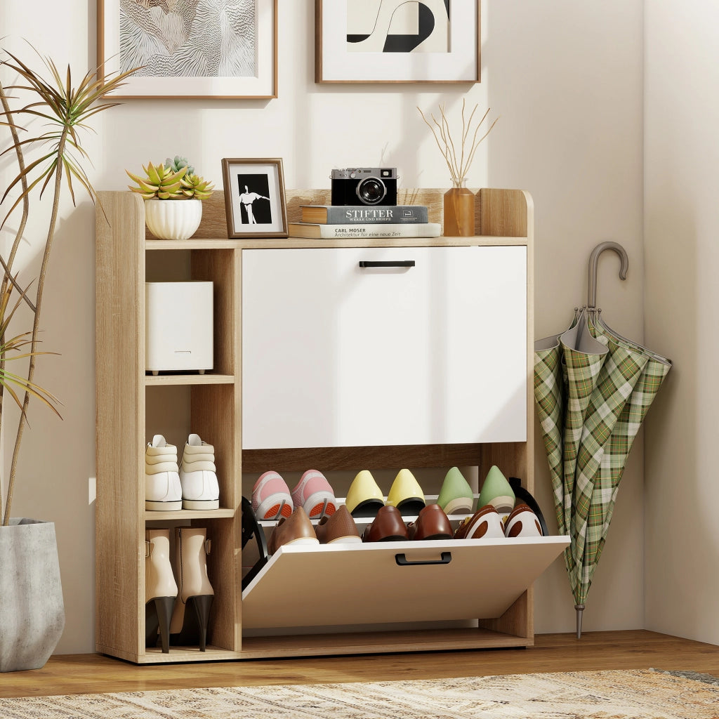Armadio per Scarpe con 2 Ante e Ripiani Aggiustabili ¨C Minimal ¨C Naturale e Bianco