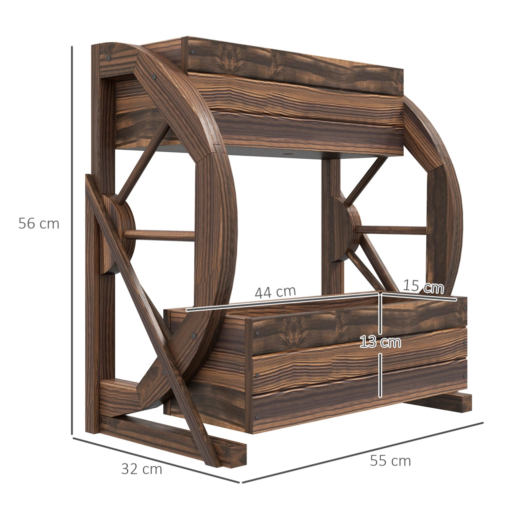 Fioriera in Legno da Esterno a 2 Livelli con 3 Vasi e Ruote di Carro Stile Country, 55x32x56cm