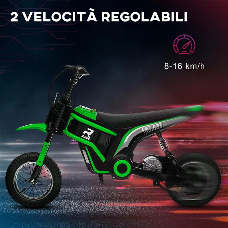 MOTO ELETTRICA PER BAMBINI CON ACCELERATORE MANUALE, 2 VELOCITÓ 8-16KM/H, ETÀ 8-12 ANNI, VERDE