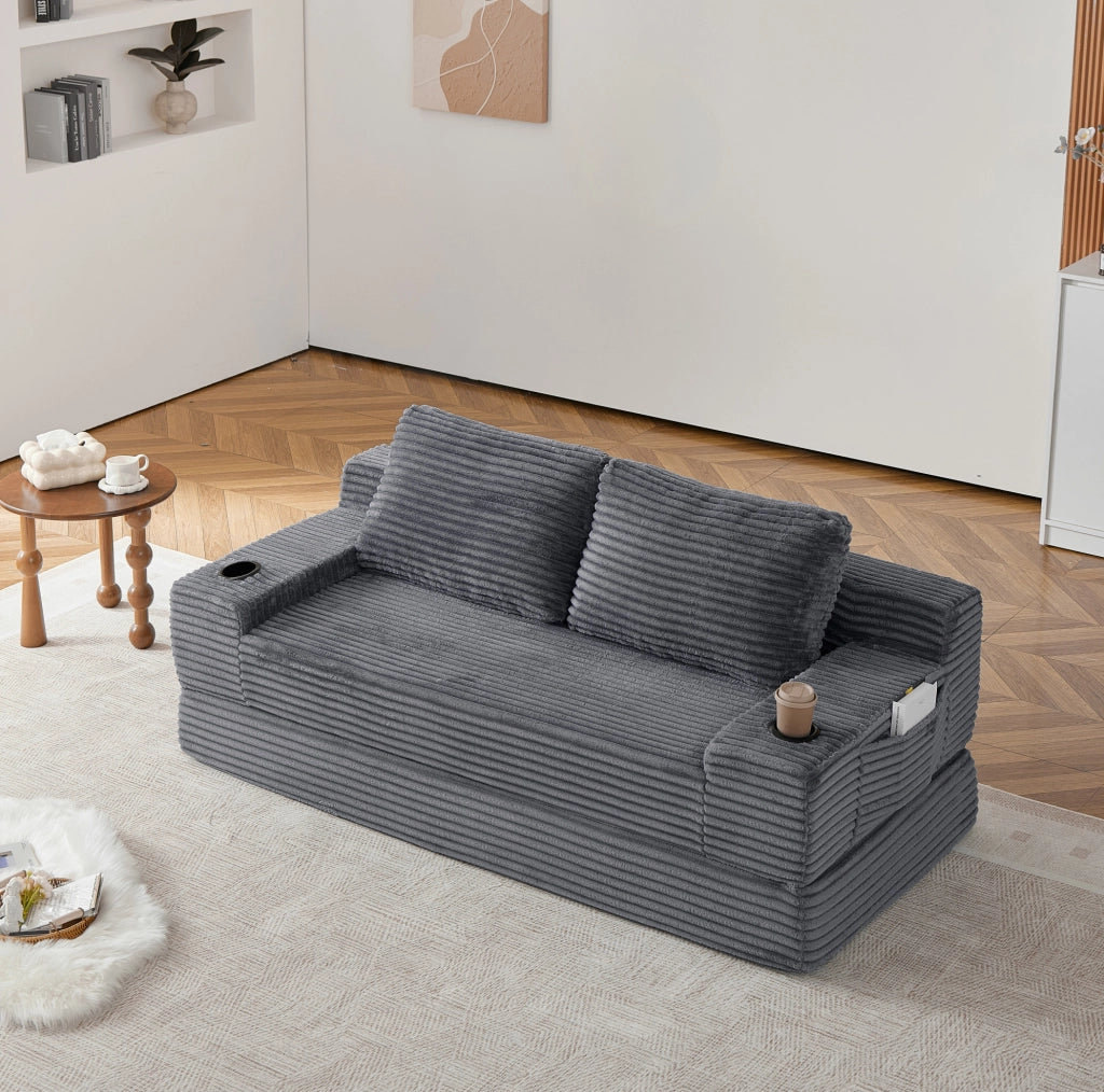 Divano Letto 2-in-1 in Velluto a Coste con Portabicchieri e Tasche Laterali