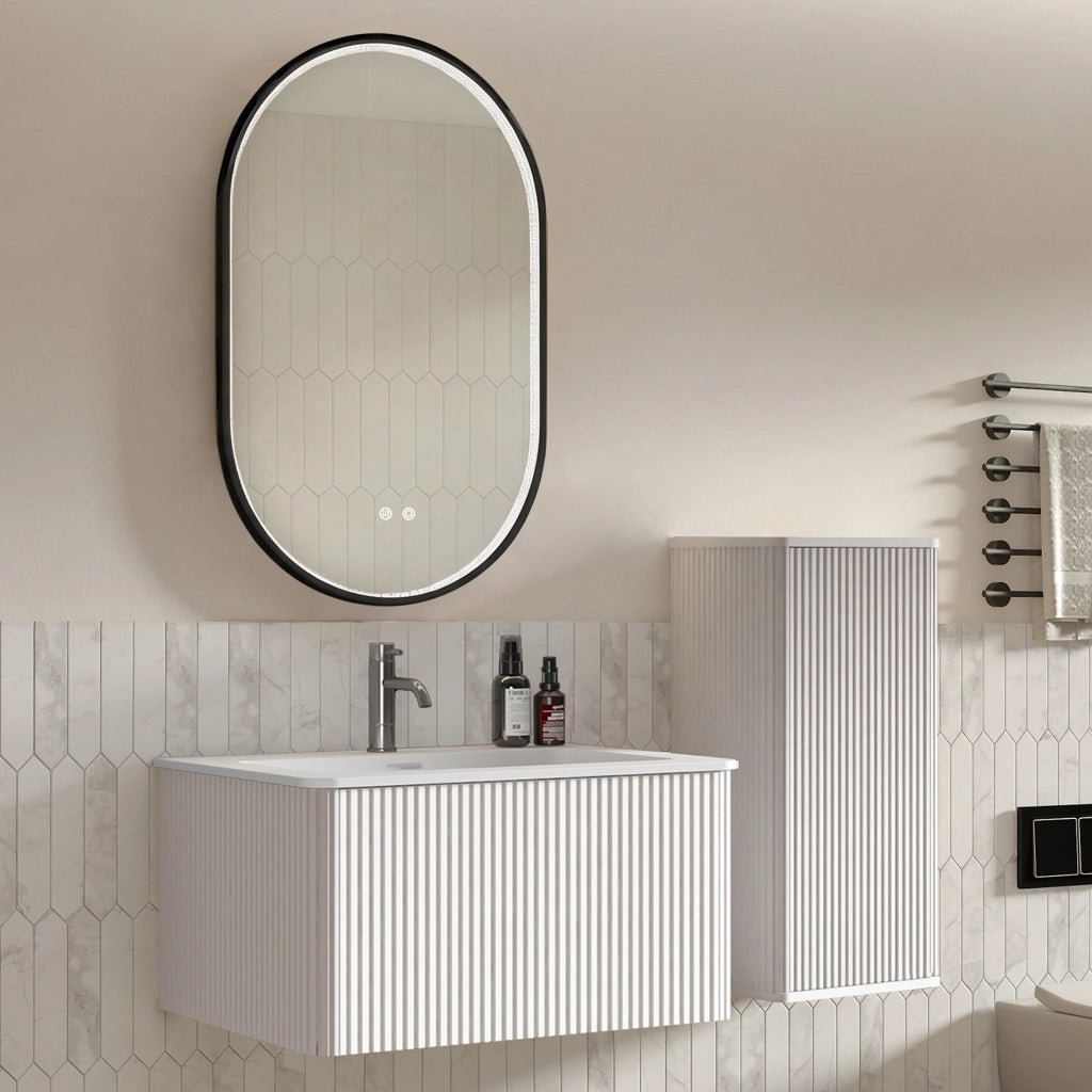 Mobile bagno con lavabo e colonna con specchio LED antiappannamento sospeso per bagno; finitura bianca opaca