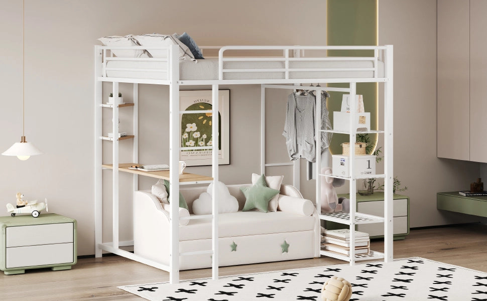 Letto a castello bianco con funzione scrivania e contenitori in metallo 90x200 cm
