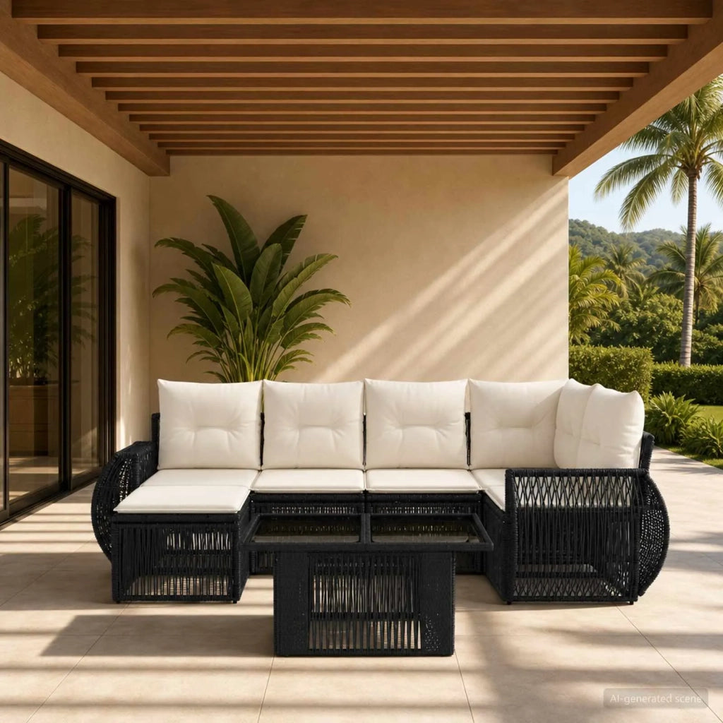 Set Divano da Giardino 7 pz Nero e Bianco Crema polyrattan 3436975