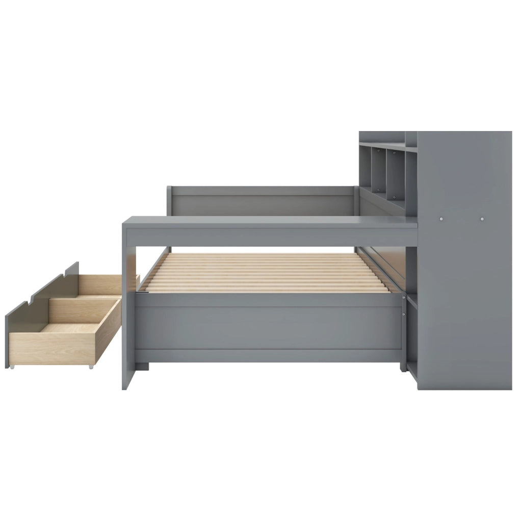 Letto 90x200 cm con scrivania, USB, presa e 2 cassetti grigio