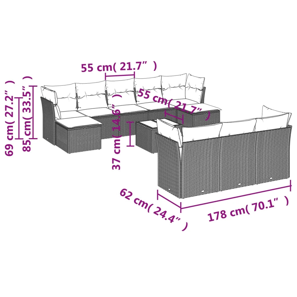 Set Divani da Giardino 11 pz con Cuscini in Polyrattan Grigio 3218340