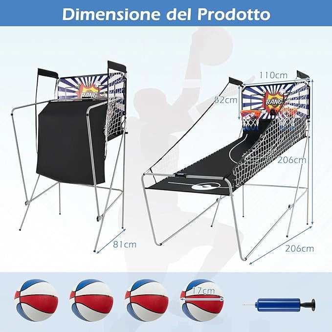 Macchina da Pallacanestro Elettronica, Canestro Basket da Camera a Doppio Tiro Pieghevole con Punteggio Elettronico, 4 Palle, 8 Modalità di Gioco e 2 Canestri (Blu e bianco)