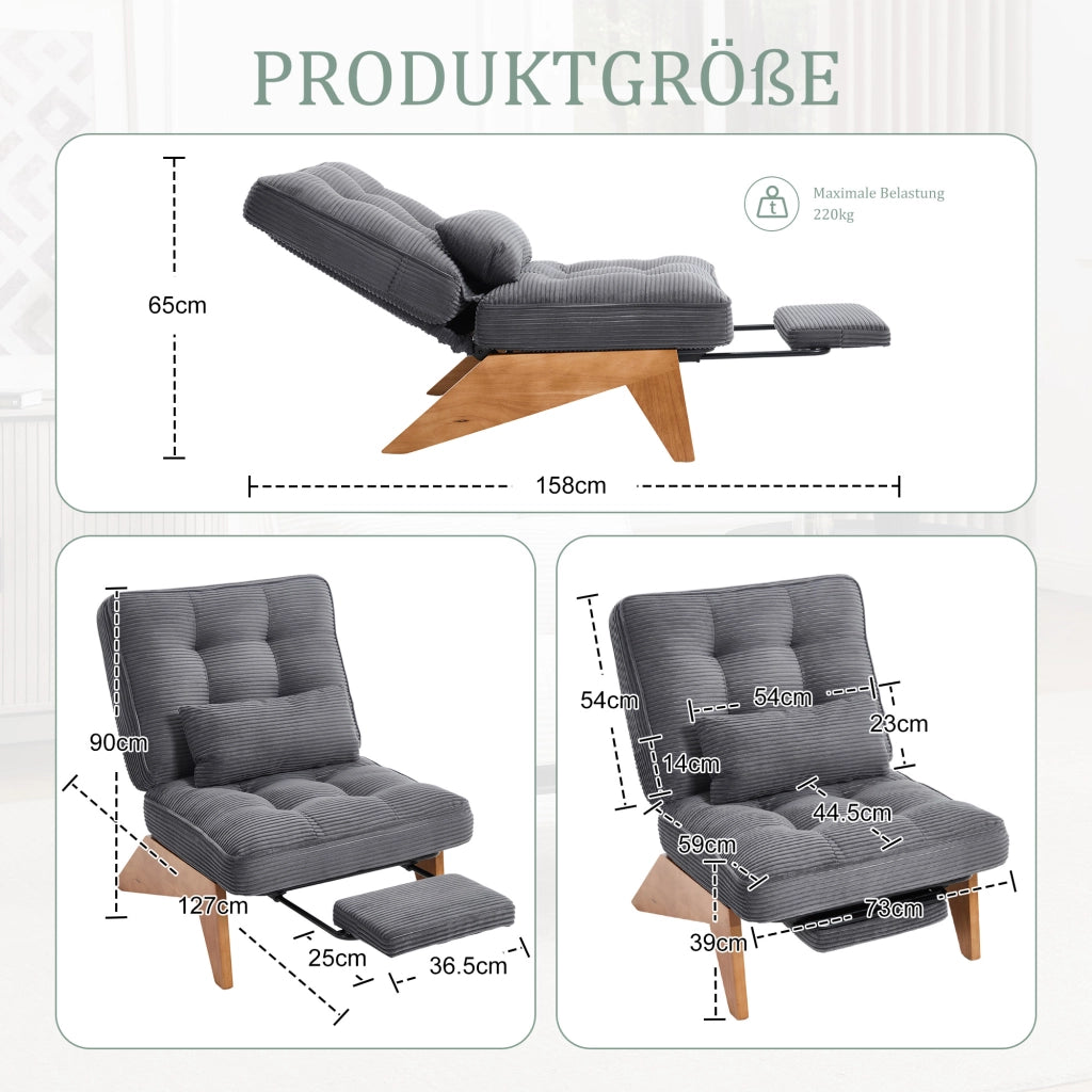POLTRONA reclinabile in corduroy 127x73x90 cm grigio scuro con cuscino lombare