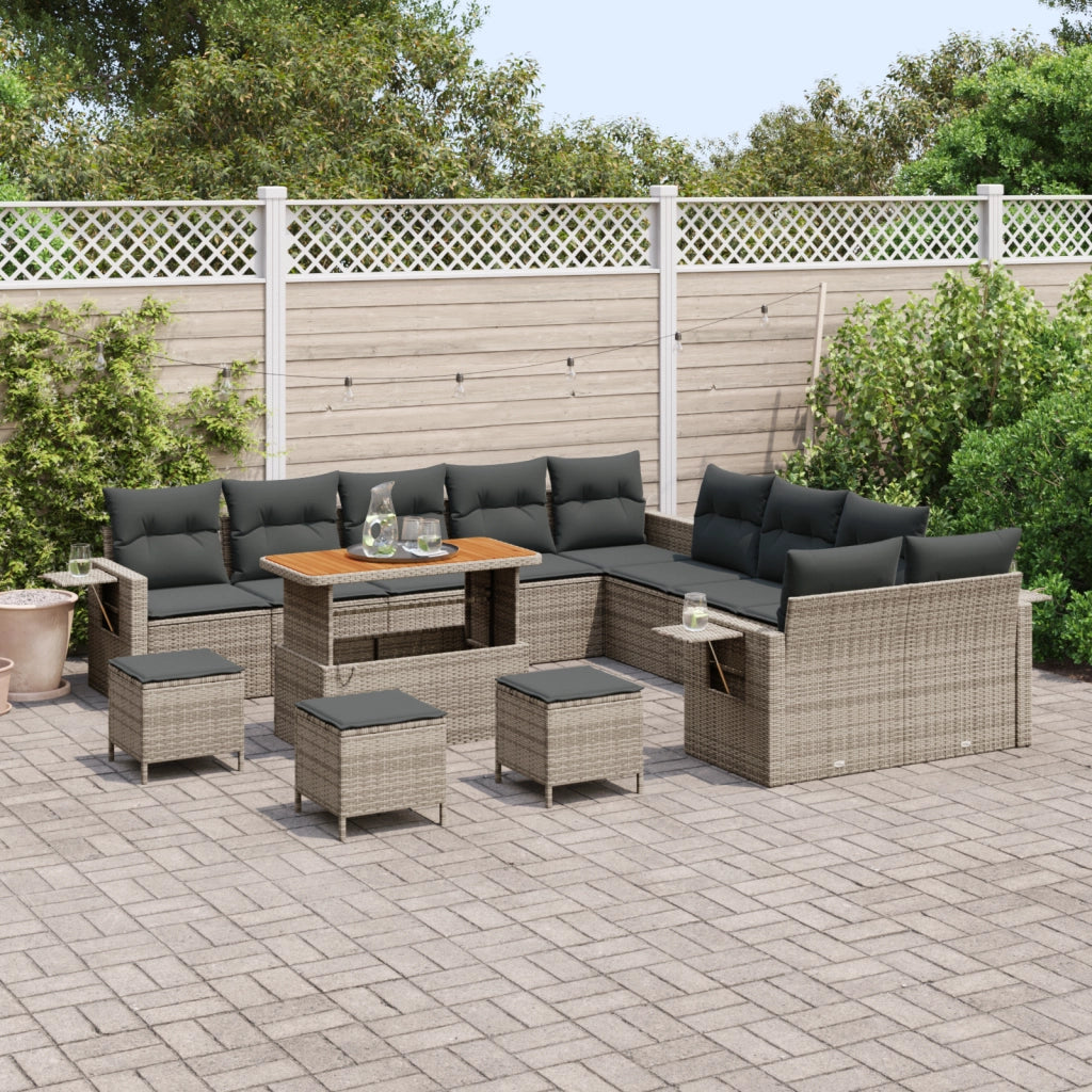 Set da Divano da Giardino  da 14 Pezzi con Cuscini Grigio Polyrattan Acacia