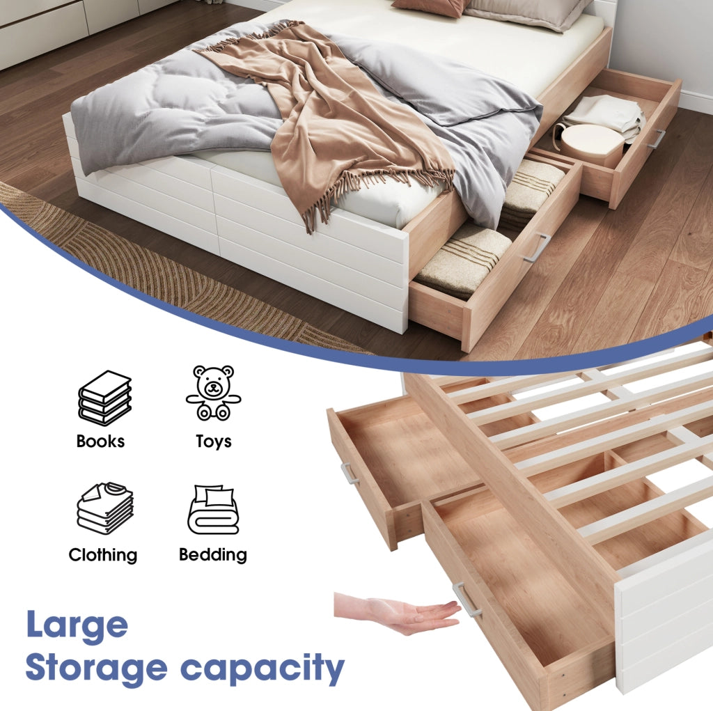 Letto matrimoniale 160x200 cm con 2 cassetti; in legno massello e MDF; bianco e rovere chiaro