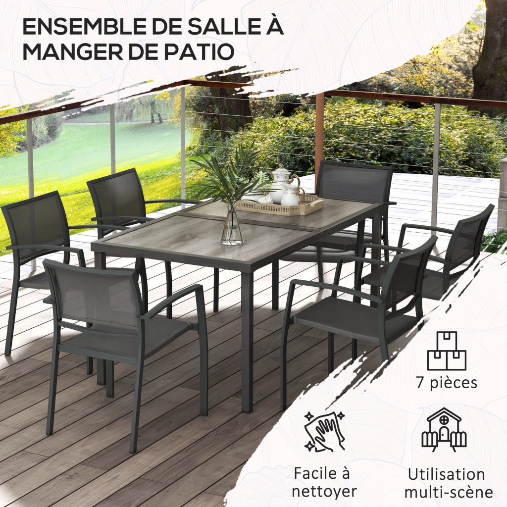 Set da pranzo da giardino 7 pezzi ¨C zephmum ¨C tavolo e 6 sedie impilabili in metallo epoxy textilene grigio scuro