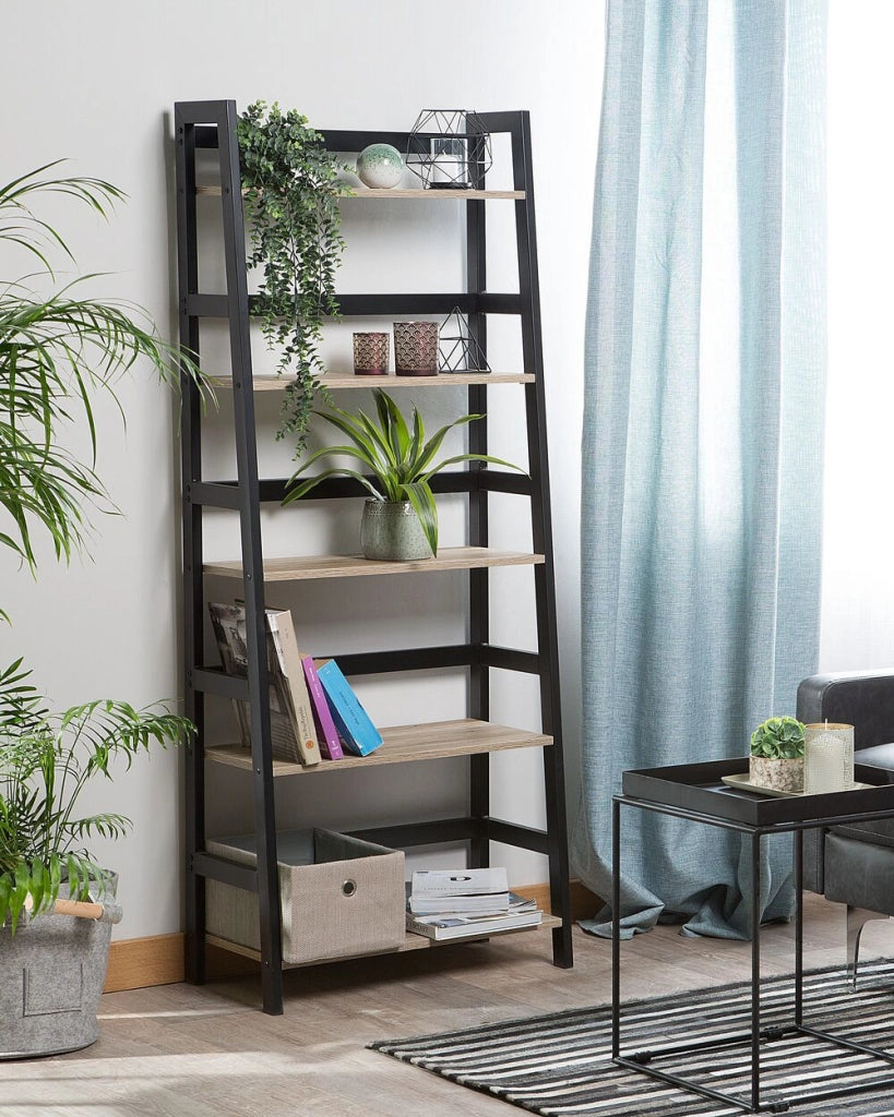Libreria a scaletta effetto legno chiaro e Nero 163 x 64 cm Scaffale a 5 ripiani ad appoggio