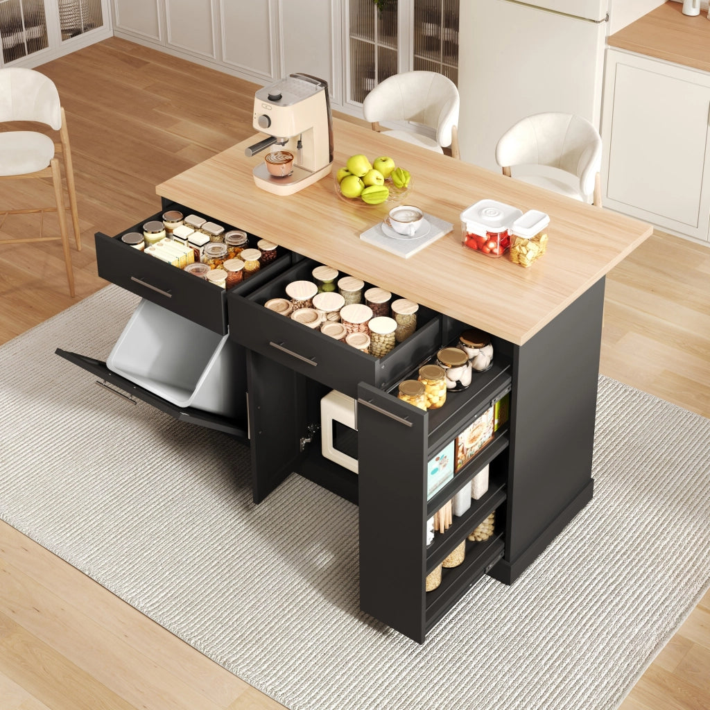 Isola da cucina, piano ribaltabile, scaffale a 4 ripiani per condimenti, 2 cassetti, ruote con freno, colore nero e naturale