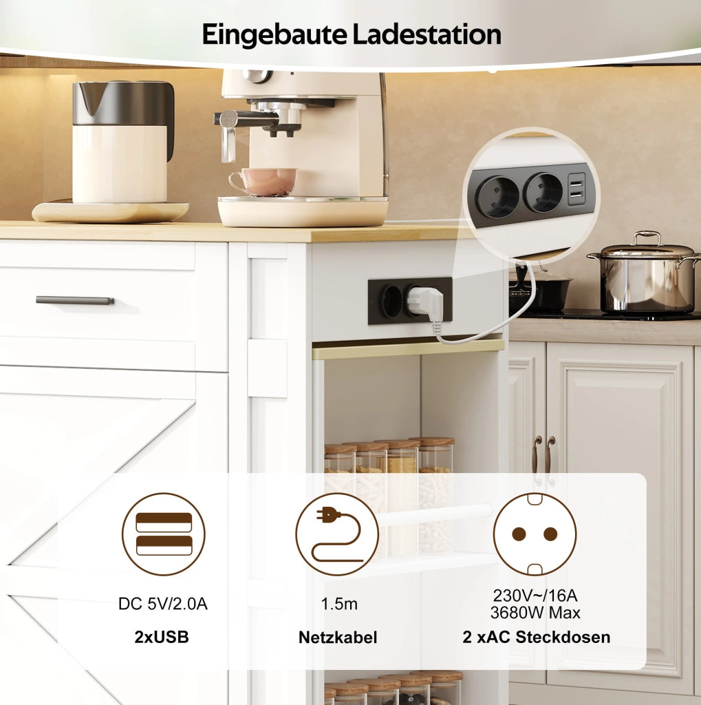 Isola cucina mobile con piano estraibile e prese, bianco rovere