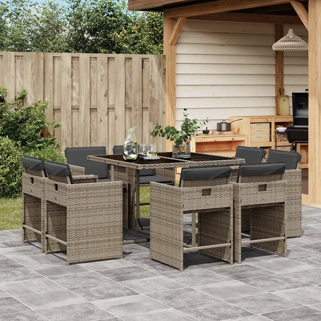 Set da Pranzo da Giardino 9 pz con Cuscini in Polyrattan Grigio