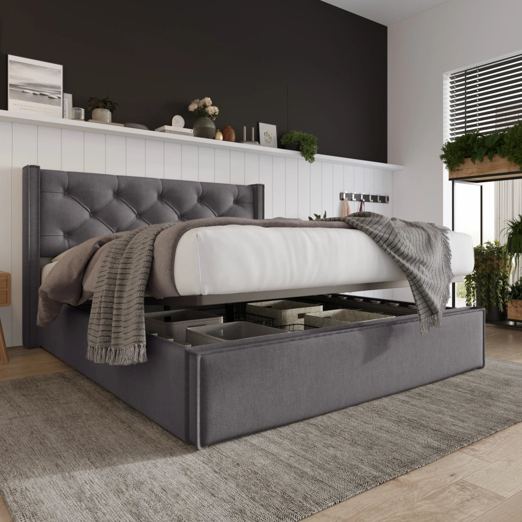 Letto imbottito 140x200 cm con contenitore; rete sollevabile e testiera in cotone grigio