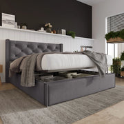 Letto imbottito 140x200 cm con contenitore; rete sollevabile e testiera in cotone grigio