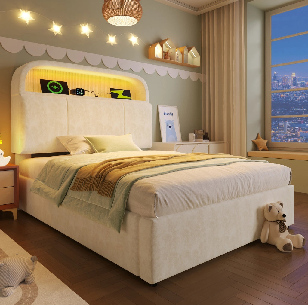 Letto singolo 90x200 cm in velluto beige con testiera regolabile; contenitore; LED e ricarica USB/Type-C