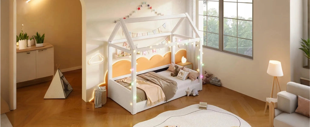 DESMIU Letto a casetta singolo con LED regolabile, 90 × 200 cm, senza materasso, in tessuto e MDF, beige